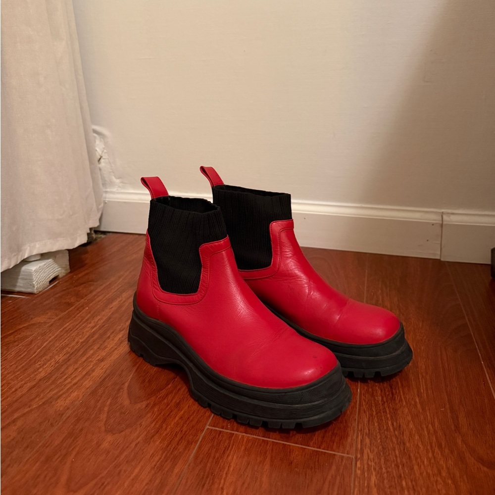 STAUD Red and Black Platform Ankle Boots